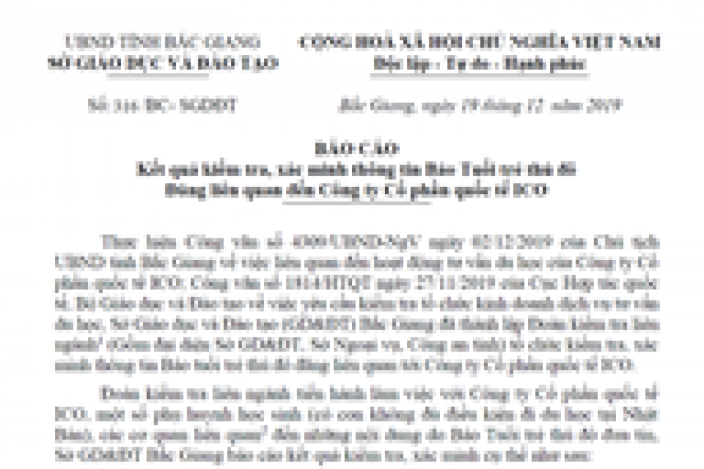 Báo cáo kết quả thanh tra của Sở GD&ĐT tỉnh Bắc Giang về những thông tin báo Tuổi trẻ thủ đô đăng tải về ICOGroup